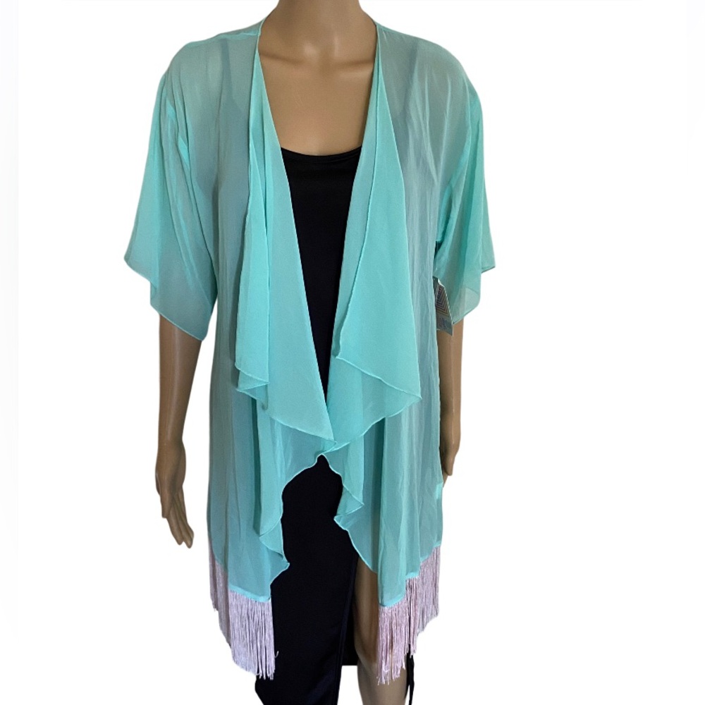 LULAROE Pink Fringe Turquoise Chiffon Kimono Tunic Size S NWT